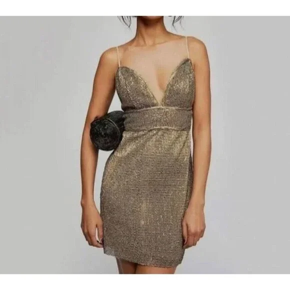 NEW FREE PEOPLE X SAYLOR Sz X-Small FRANKIE SEQUIN MESH MINI SLIP DRESS Gold - Picture 2 of 13